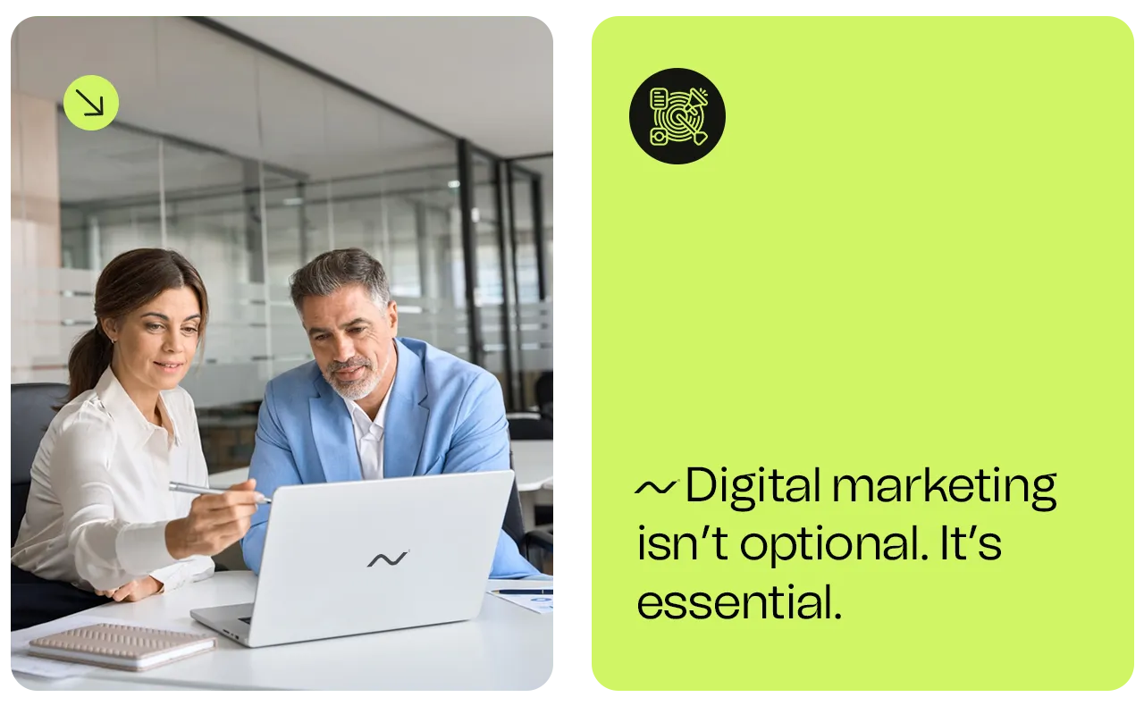 Two Alev Digital strategists reviewing a client's marketing plan together in the office